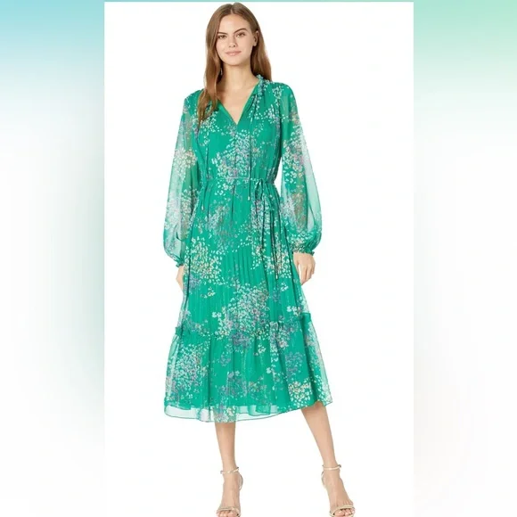 Ted Baker Serendipity Pleated Long Sleeve Midi Dress Mid Green 1 (US 4)